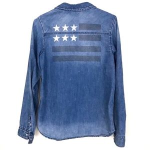 USA American flag denim blue jean button up shirt